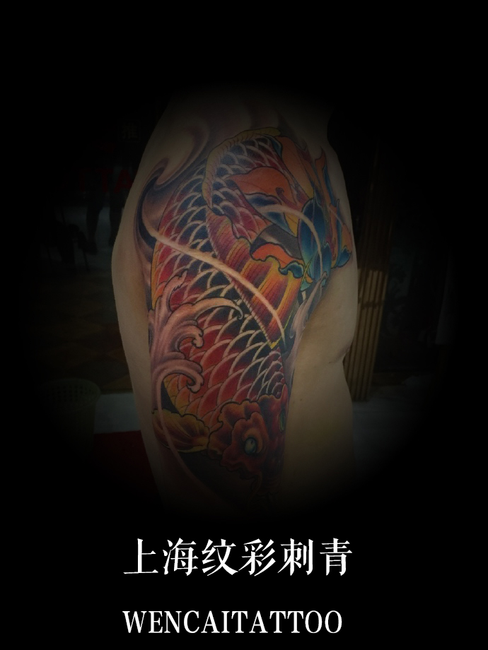 上海个人企业家马老板大臂彩色锦鲤纹身图案